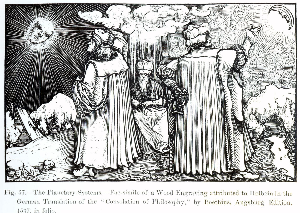 A Boethius által 1537-ben kiadott The Consolation of Philosophy című Bolygórendszerek, illusztráció a középkor és reneszánsz tudomány és irodalom című könyvéből, Paul Lacr írta és vésette alkotó: German School