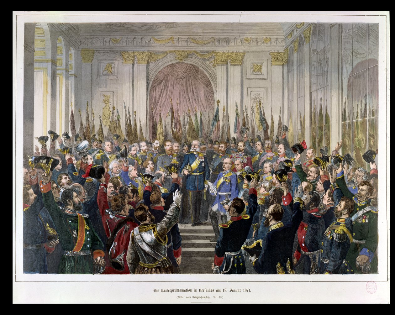 Wilhelm kikiáltása az új Német Birodalom császárává a versailles-i Tükörcsarnokban 1871. január 18-án (színes metszet) alkotó: German School