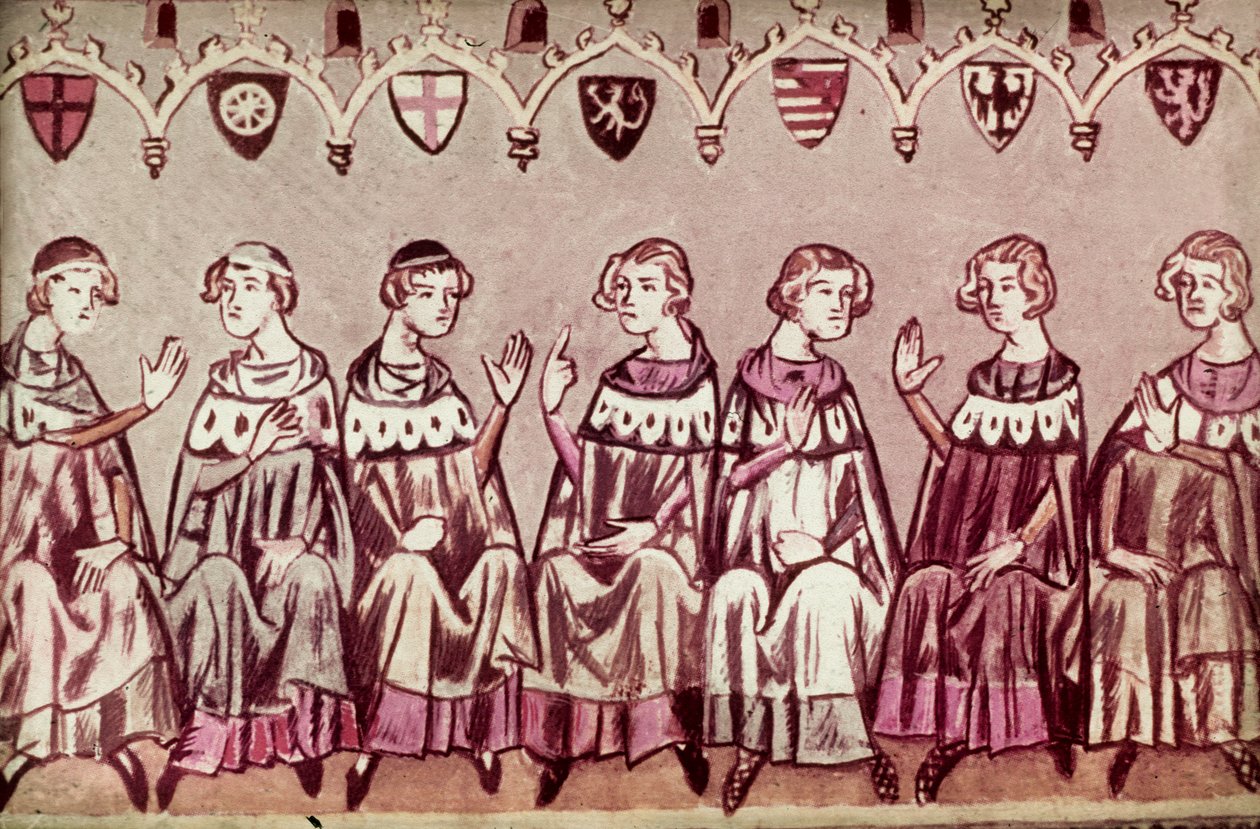 A hét választófejedelem, akik VII. Henriket, a római római császárt választják, illusztráció VII. Henrik krónikájából (Balduineum) 1341 (tinta és színes vellum) alkotó: German School