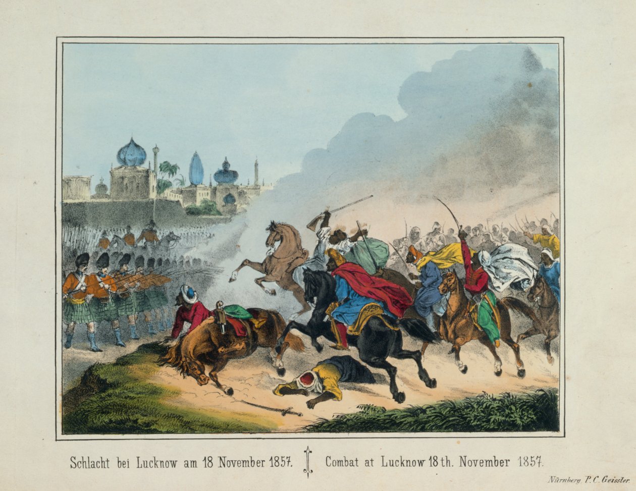 Lucknow ostroma Uttar Pradesh-ben az 1857-es indiai lázadás idején, a P.C. által kiadott képes lap. Geissler, Nürnberg, 1857 alkotó: German School