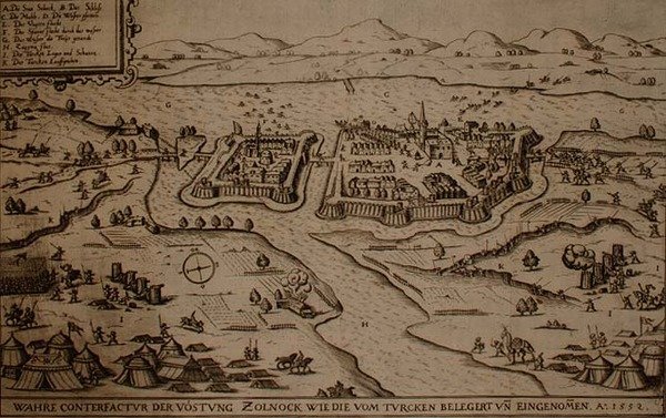 Zolnock török ostroma 1552-ben, illusztráció az európai oszmán hadjáratokról szóló könyvből, Paul Furst (kb. 1605-66) metszet (metszet) alkotó: German School