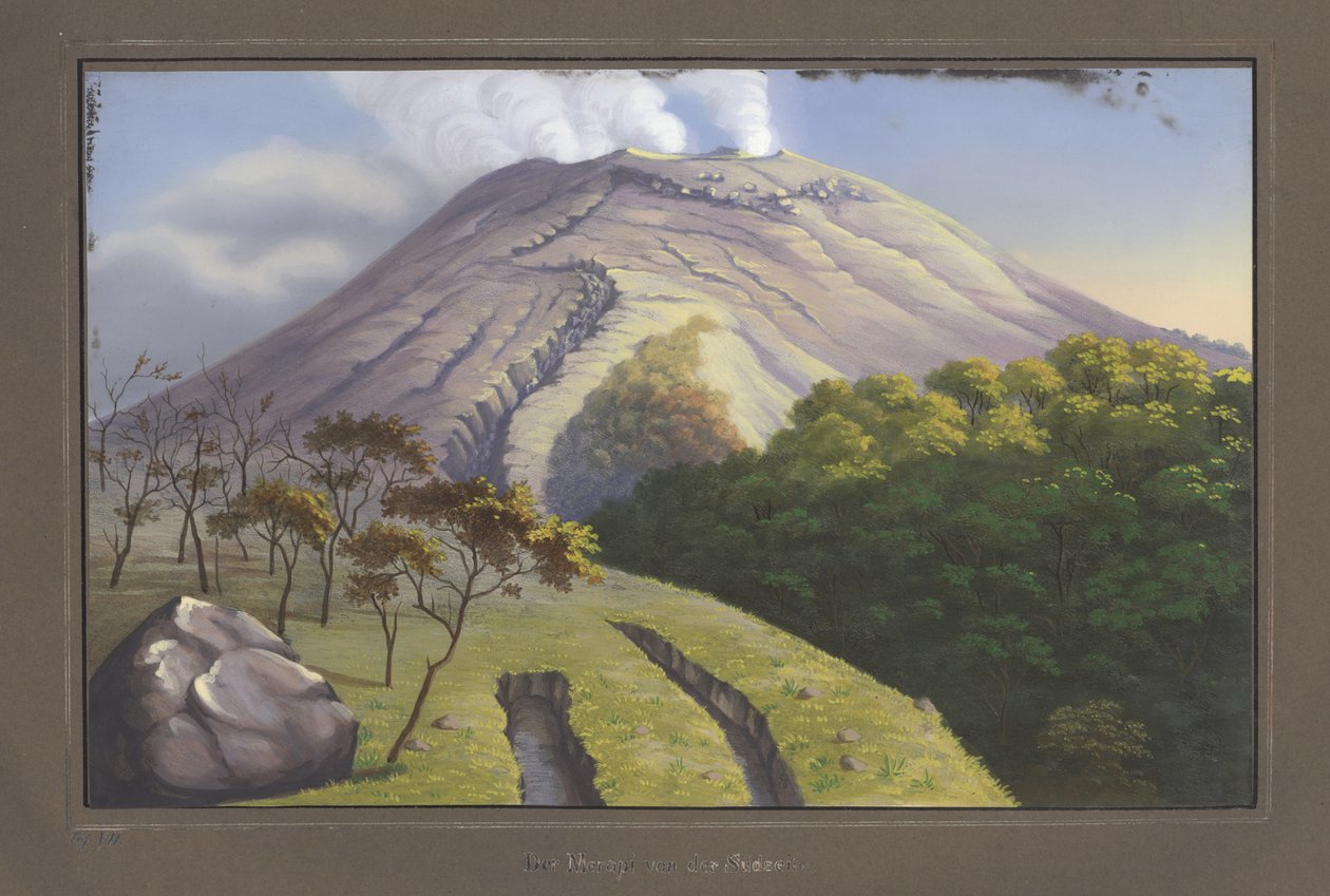 A Merapi-csúcs déli oldala 5231 láb magasságból nézve, 1836. szeptember VII., Topográfiai és Tudományos Atlasz az utazás Jáván keresztül, Dr. Mrs. Junghuhn, Magdebur alkotó: German School