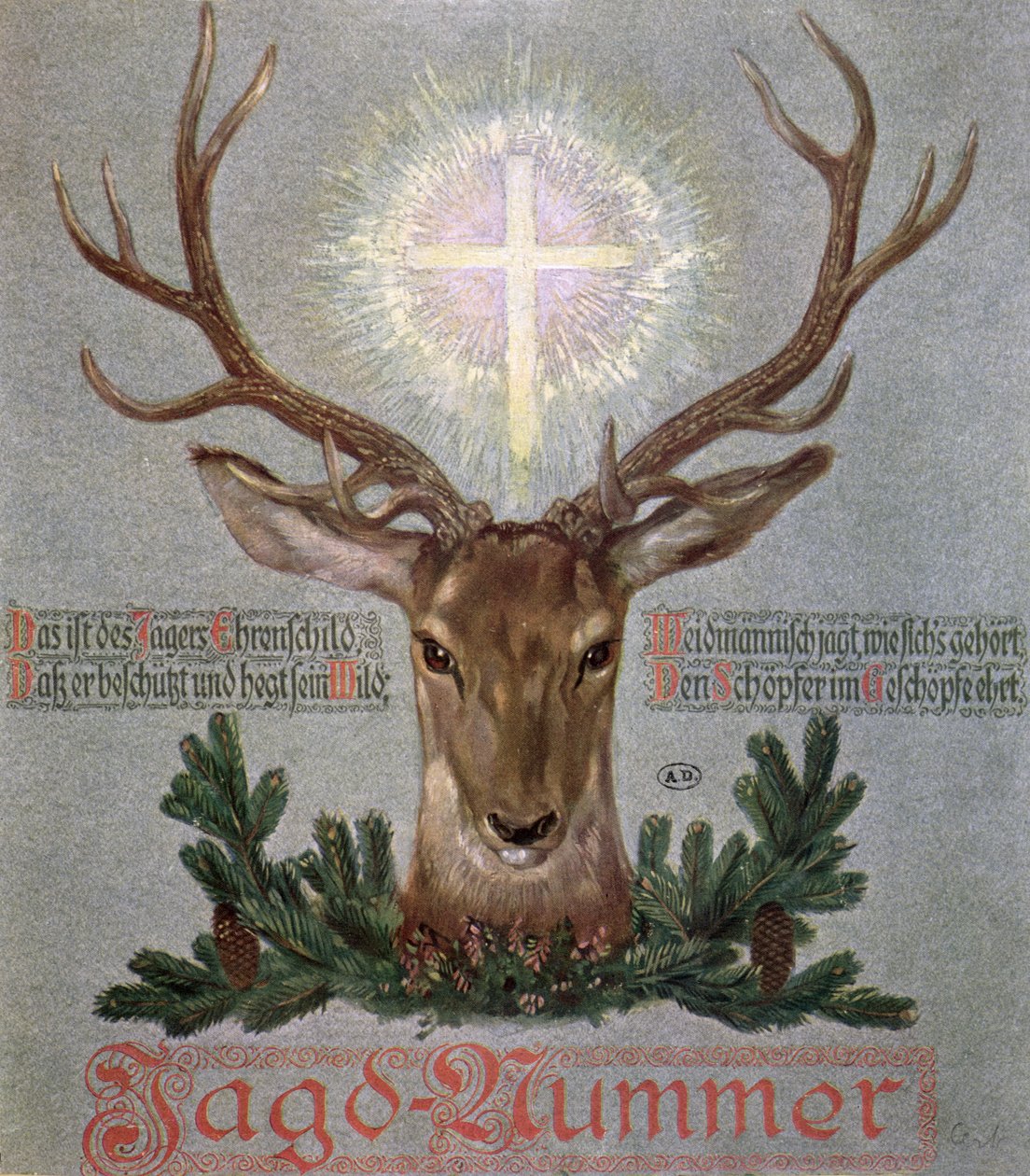 Szent Hubert szarvas (655-727), borítóillusztráció egy vadászati folyóiratból, 1908 alkotó: German School