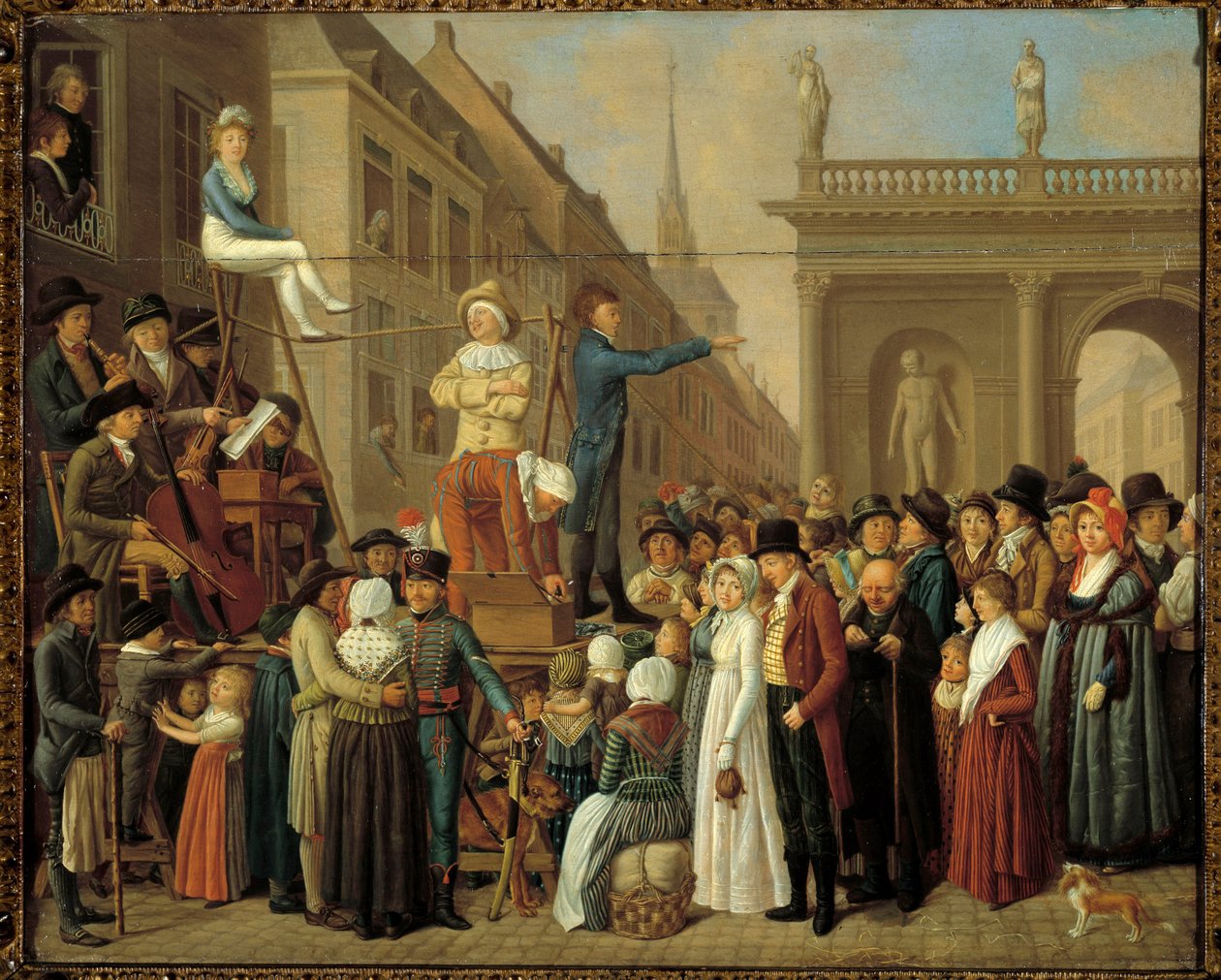 A Stage Scene utcai show zenészekkel és komikusokkal. századi német iskola festészete. Párizs, Musee Cognacq Jay alkotó: German School