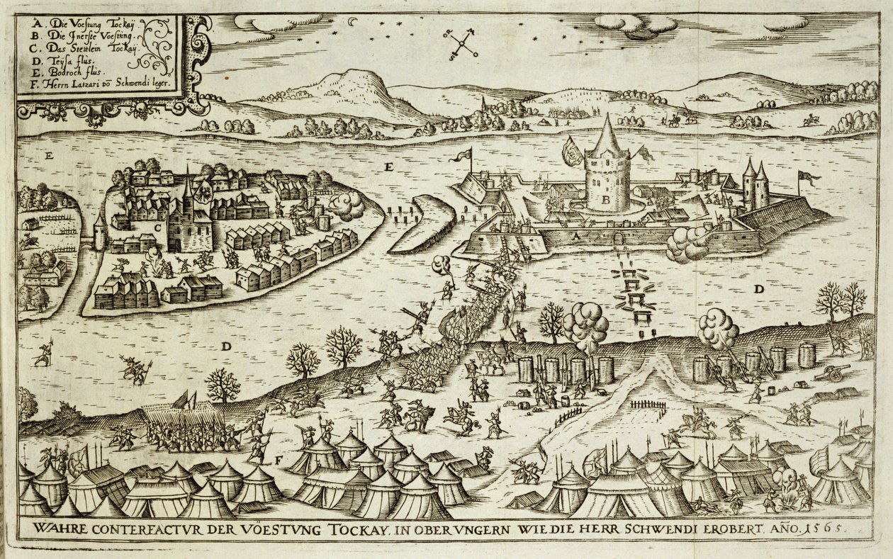 Herr Schwendi 1565-ben a törököktől visszakapott Tokay városa, az európai oszmán hadjáratokról szóló könyv illusztrációja, Paul Furst (kb. 1605-66) metszete alkotó: German School