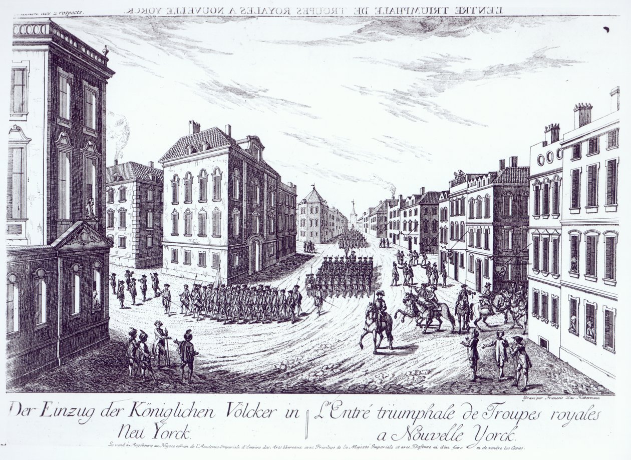 A királyi csapatok diadalmas belépése New Yorkba, 1776, vésette: Francois Xavier Habermann alkotó: German School
