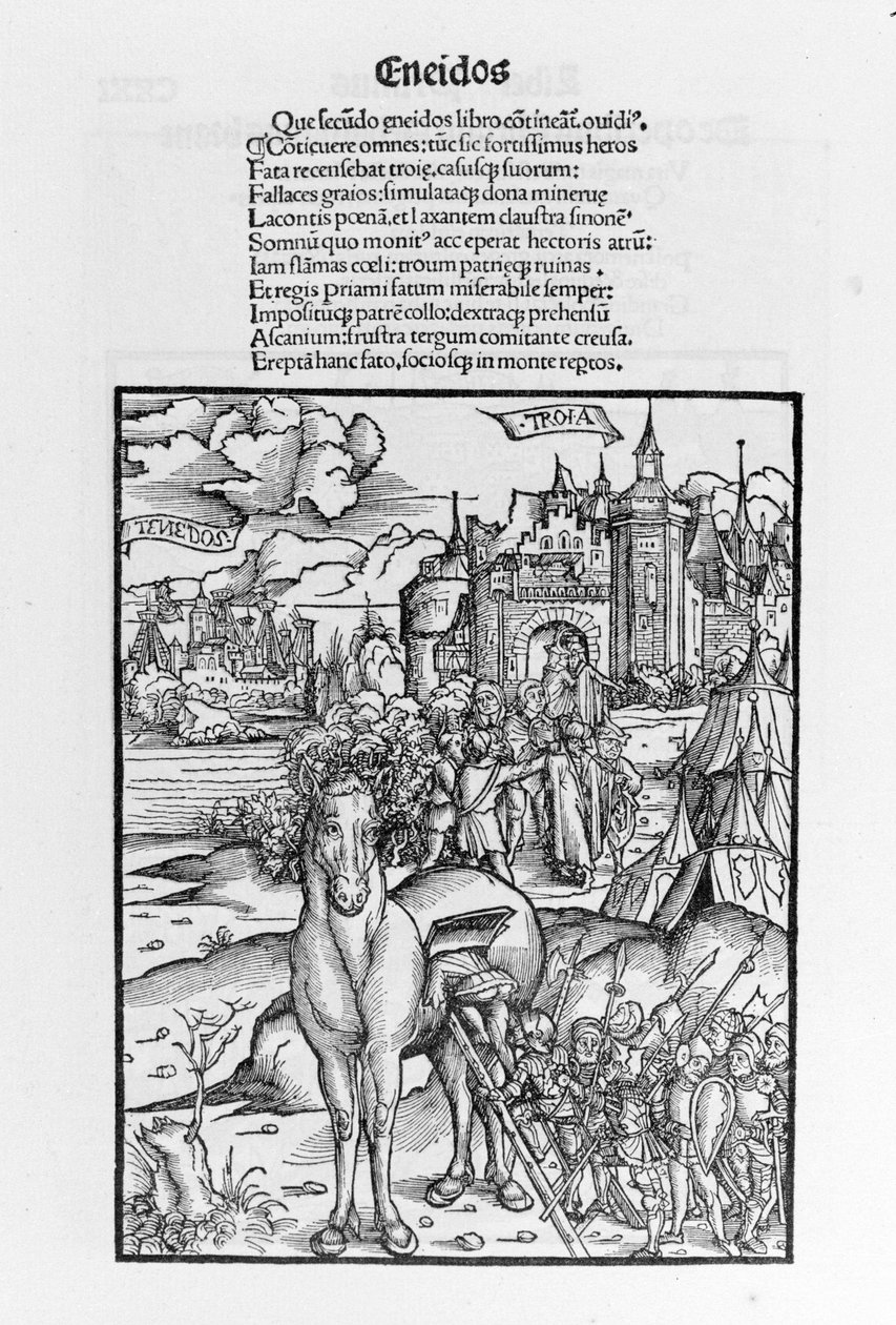 A trójai faló. Aeneid. Sebastian Brant xilográfiája. Strasbourg alkotó: German School