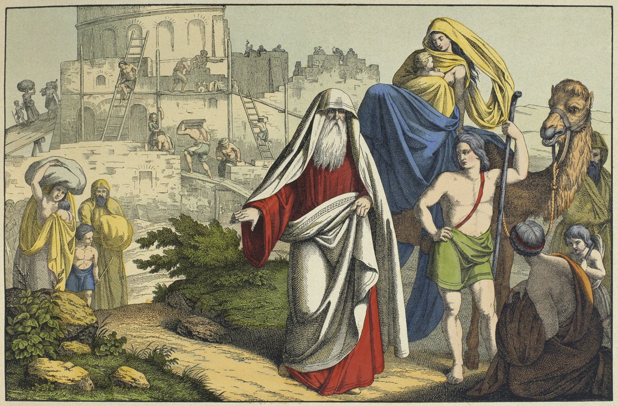 Bábel tornya építése, illusztráció a LAncien Testamentből, kiadó: Jakob Ferdinand Schreiber, Esslingen (színes metszet) alkotó: German School
