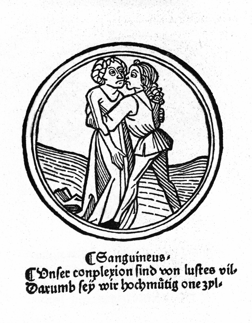 A négy temperamentum: a vér (meleg és kedves). Xilográfia, Augsburg 1480. alkotó: German School