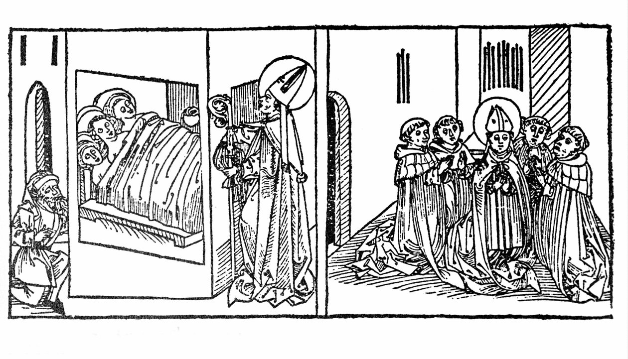 Szent Miklós élete felébredt. A Voragine-i Jacobus (James) (1228-1298) metszete a „Leben der Heiligen - sommerteil”-ből (A szent könyve). Lübeck 1488. alkotó: German School