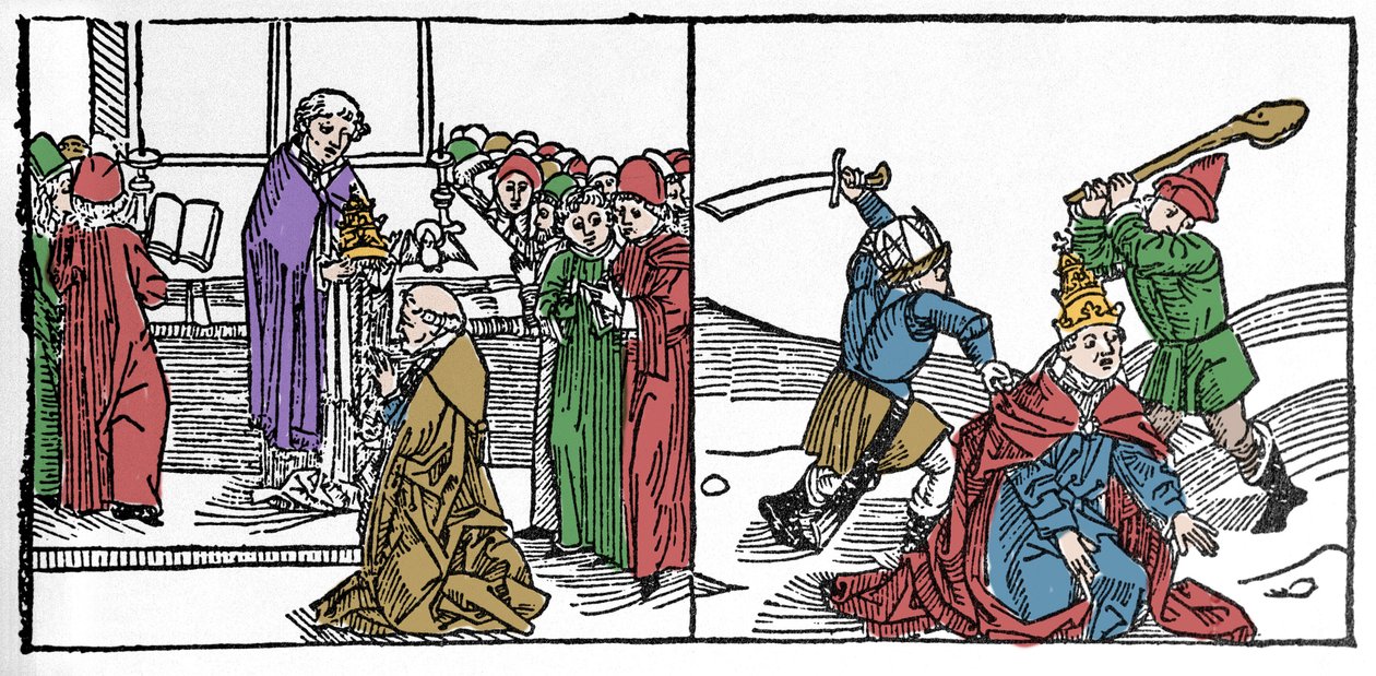 Szent Fabien vértanúhalála (3. század), a pápát megkínozták, majd lefejezték, Dece császár uralkodása alatt. A voraginai Jacobus (Jakab) (1228-1298) vésése „Leben der Heiligen - sommerteil” (A szent könyve) című könyvéből. Lübeck 1488. alkotó: German School