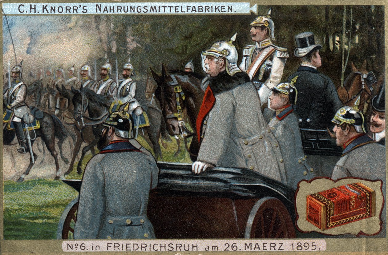 A Porosz Armee katonai csapatai 1895. március 26-án elhaladtak Otto von Bismarck (1815-1898) kancellár előtt a németországi Friedrichsruhban. Kromolitográfia, 19. század vége. alkotó: German School