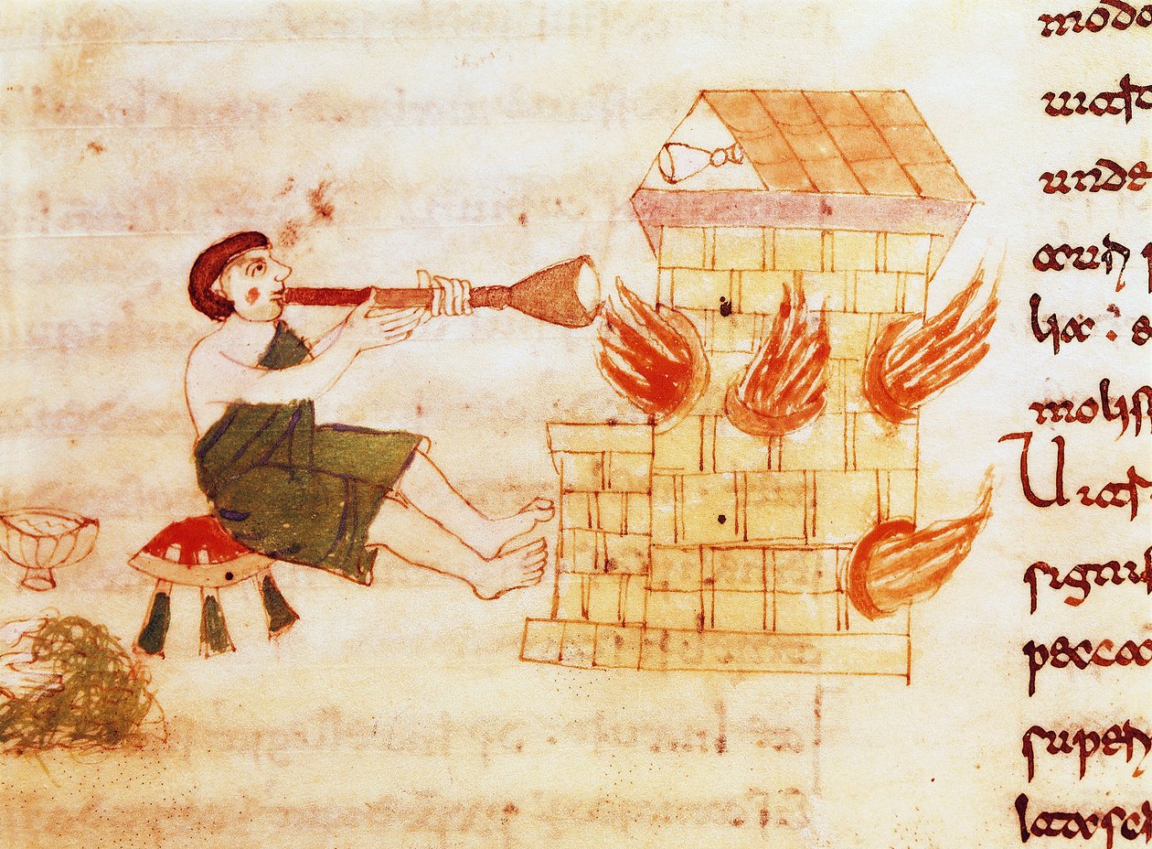 Miniatűr üvegfúvó Rabanus Maurus Magnentius (vagy Raban Maur vagy Rabano Mauro) (kb. 780-856) „" De Universo" (vagy De rerum naturis (A dolgok természetéről)) (kód. 132) című kéziratából . 9. század. A Monte Cassino apátság archívuma (Cassin-hegy alkotó: German School