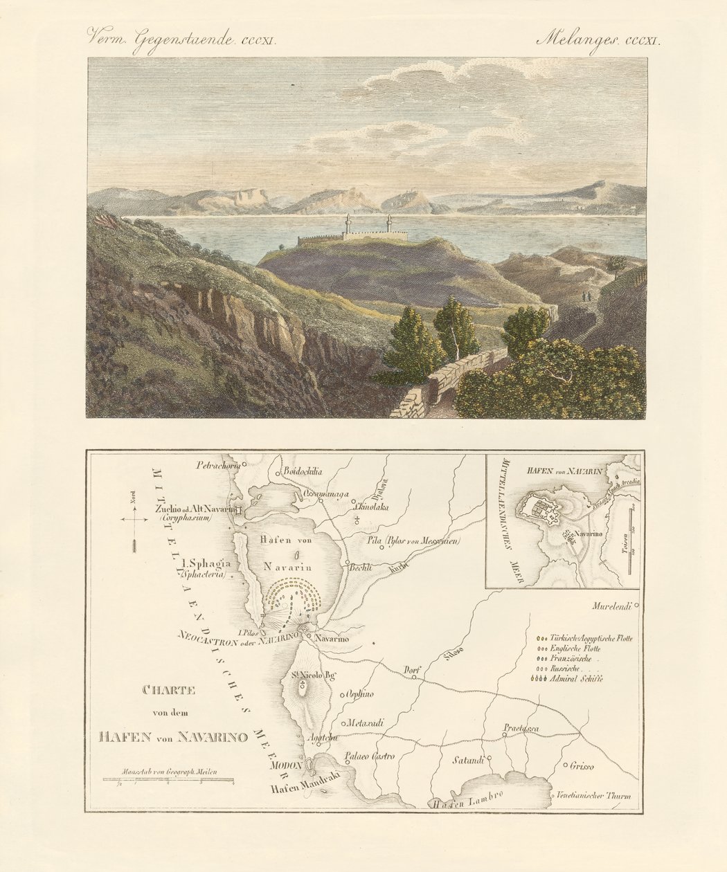 A kikötő és Navarino városa (színes metszet) alkotó: German School