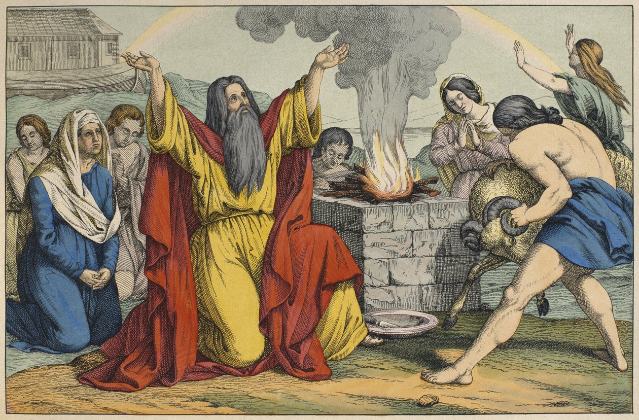 Noé áldozata, illusztráció a LAncien Testamentből, kiadó: Jakob Ferdinand Schreiber, Esslingen (színes metszet) alkotó: German School
