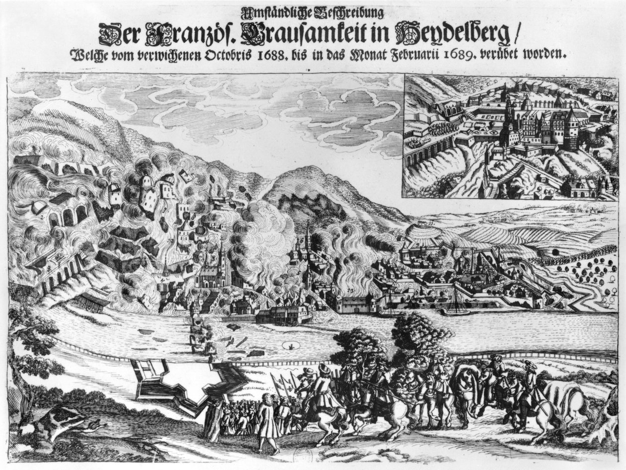 Heidelberg elfoglalása és elpusztítása a franciák által 1689 februárjában alkotó: German School