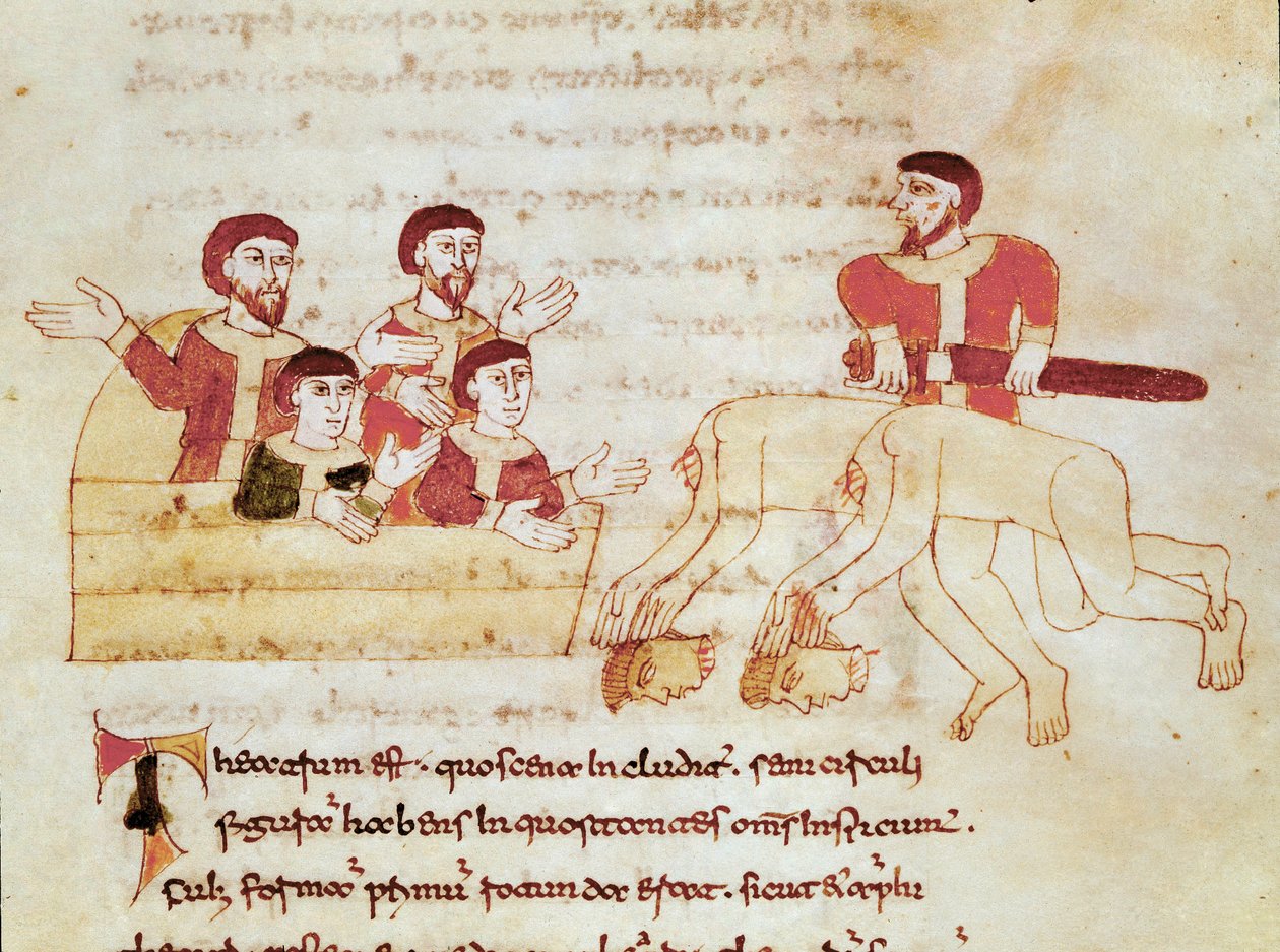 Színházi jelenet, a bal oldali közönség tapsol a színészek előadásának, a Miniatűr a „De Universo” (vagy De rerum naturis (A dolgok természetéről)) (cod. 132) Rabanus Maurus Magnentius (vagy Raban) kéziratából. Maur vagy Rabano Mauro) (kb. alkotó: German School