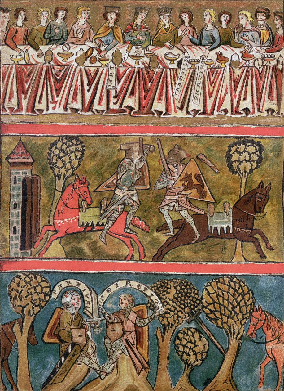 Három jelenet a Parsifalból, Wolfram von Eschenbach (u. e. 1230) fakszimile egy 13. századi kéziratból alkotó: German School