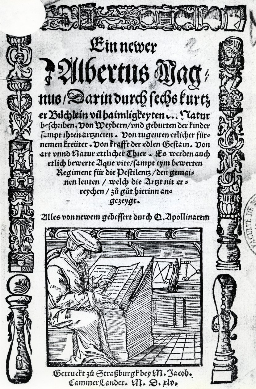 Címlap egy új Albertus Magnushoz: hat rövid könyv, amelyek a természet számos titkát leírják, 1514-ben (fametszet és magasnyomás) alkotó: German School
