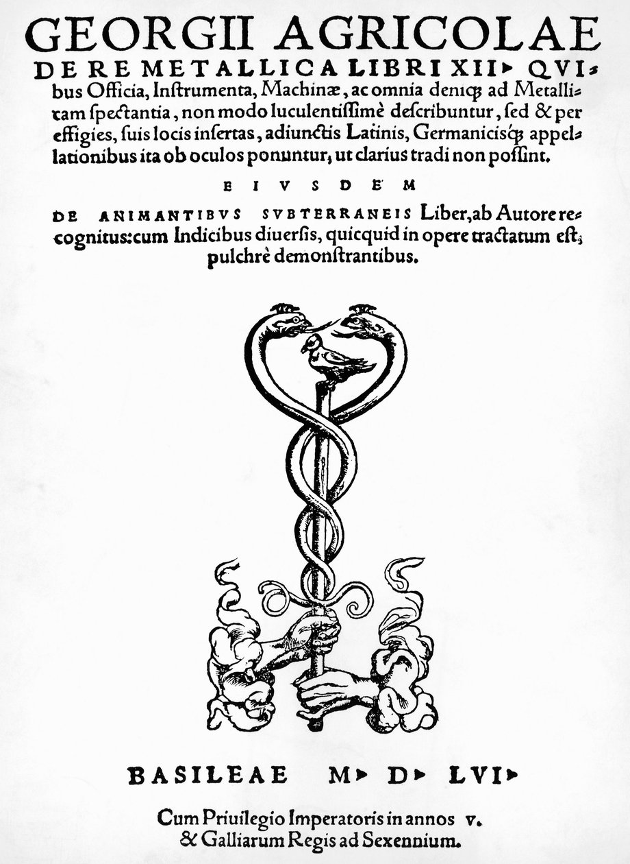 Georg Pawer vagy Georgius Agricola (1494-1555) Bázelben megjelent De re metallica (A fémek természetéről) címlapja alkotó: German School