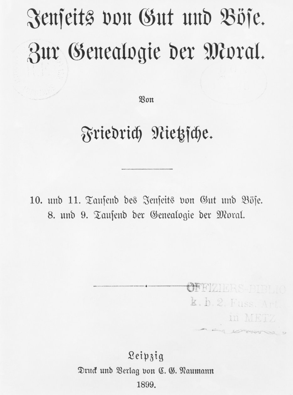 Friedrich Wilhelm Nietzsche Beyond Good and Bose és Az erkölcsök genealógiájának címlapja, Naumann, Lipcse, 1899 alkotó: German School