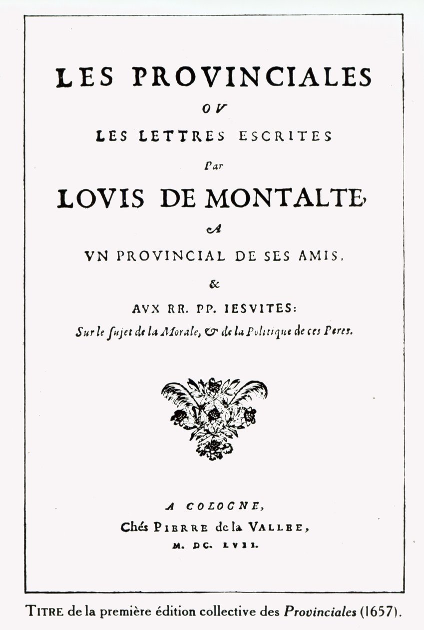 A Les Provinciales címlapja, Blaise Pascal (1623-62), Amszterdam, 1657 (tintával papíron) alkotó: German School