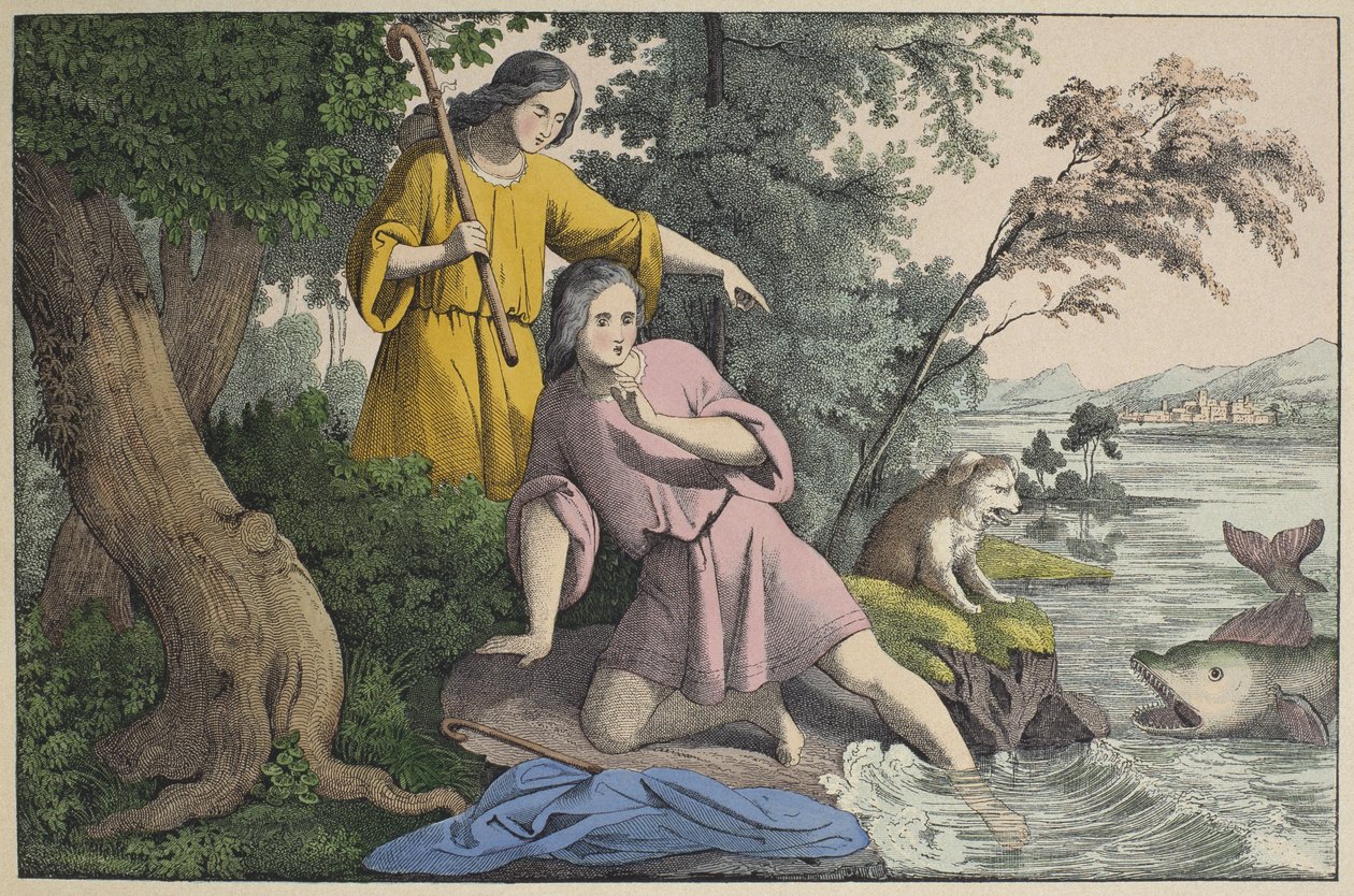 Tóbiás és Rafael arkangyal, illusztráció a LAncien Testamentből, kiadó: Jakob Ferdinand Schreiber, Esslingen (színes metszet) alkotó: German School