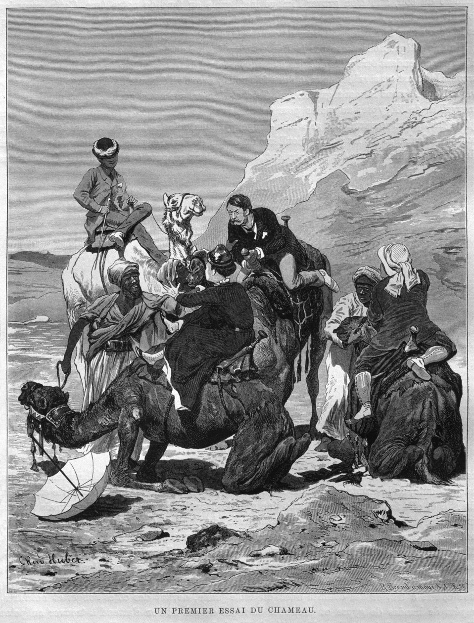Turisták tevéken, Georg Moritz Ebers (1837-98) Egyiptomból, 1881 (bw metszet) alkotó: German School