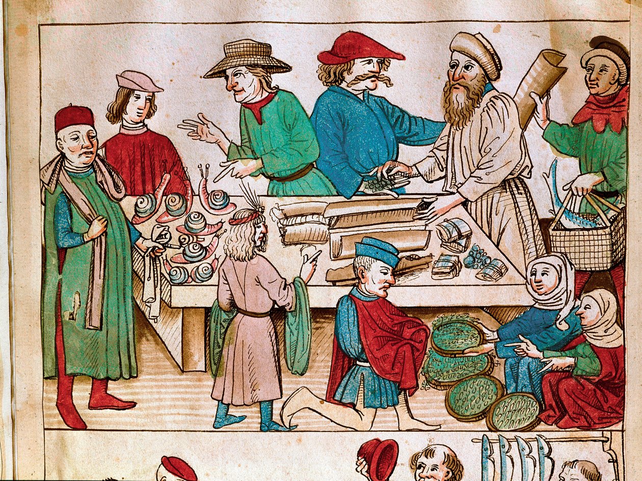 Kereskedelem: sétajelenet. Miniatűr a „Konstanzi zsinat krónikájából”, Ulrich Richental (1360-1437) 1438 körülbelül Prága, Nemzeti Könyvtár alkotó: German School