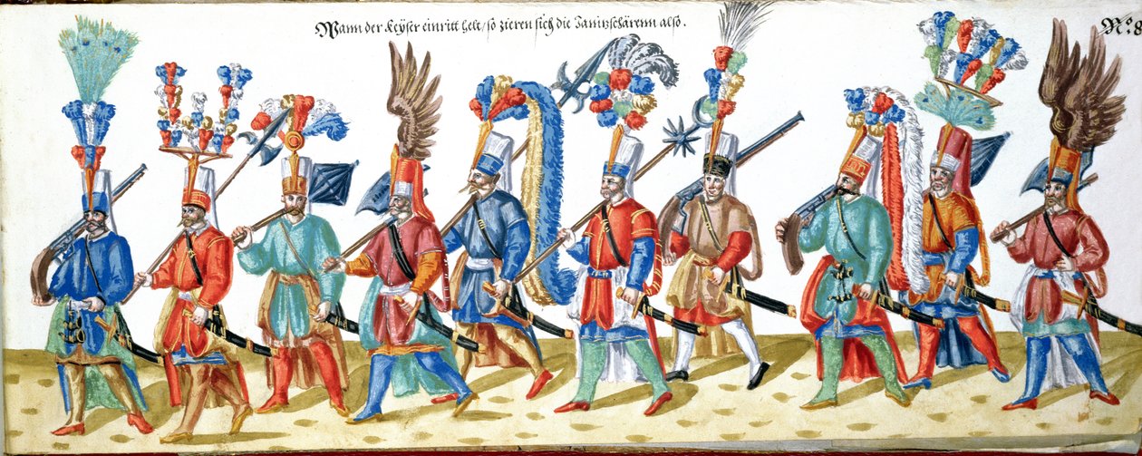 Török janicsárok, az oszmán szultán udvarára vonatkozó illusztrációk gyűjteményéből, 1600 körül (wc papíron) alkotó: German School
