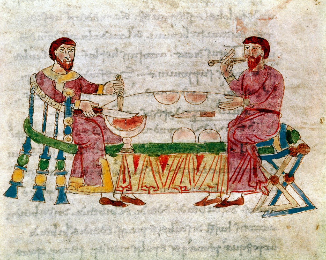 Két férfi étkezés közben, aki a Rabanus Maurus Magnentius (vagy Raban Maur vagy Rabano) „De Universo” (vagy De rerum naturis (De la Nature des choses)) (132. kódszámú) kéziratából vett étkezés közben. Mauro) (kb. 780-856). 9. század. Archívum alkotó: German School