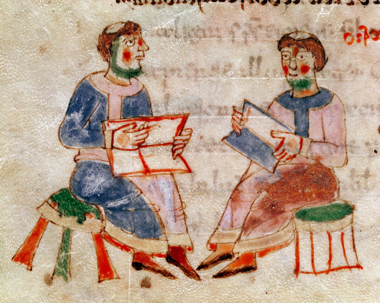 Két szerzetes beszélget vagy miniatűr kurzusjelenet Rabanus Maurus Magnentius (vagy Raban Maur vagy Rabano Mauro) "De Universo" (vagy De rerum naturis (De la Nature des choses)) (132. kód) "de Gymnasium" című kötetéből (kb. 780-856). 9. század. A alkotó: German School