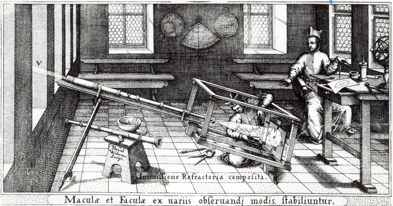 Különféle módszerek a napfoltok megfigyelésére, illusztráció Christoph Scheiner „Rosa Orsina” című művéből, 1630-ban megjelent (metszet) (f/w fotó) (294057. részlet) alkotó: German School