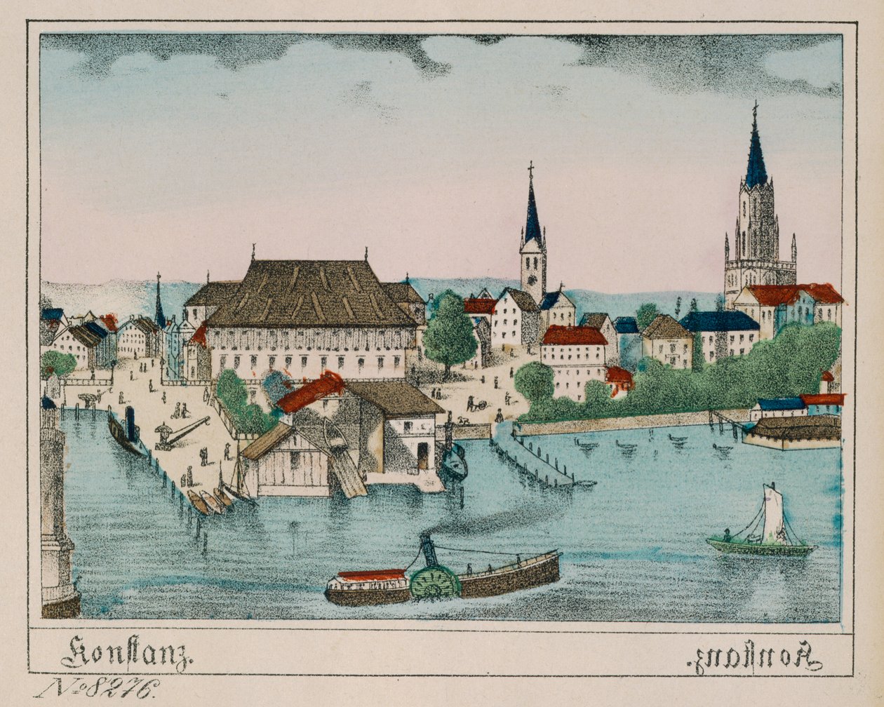 Constance kilátása a kikötővel, Konzillal és a katedrálissal, Neuruppiner Bilderbogenből, 1830 alkotó: German School
