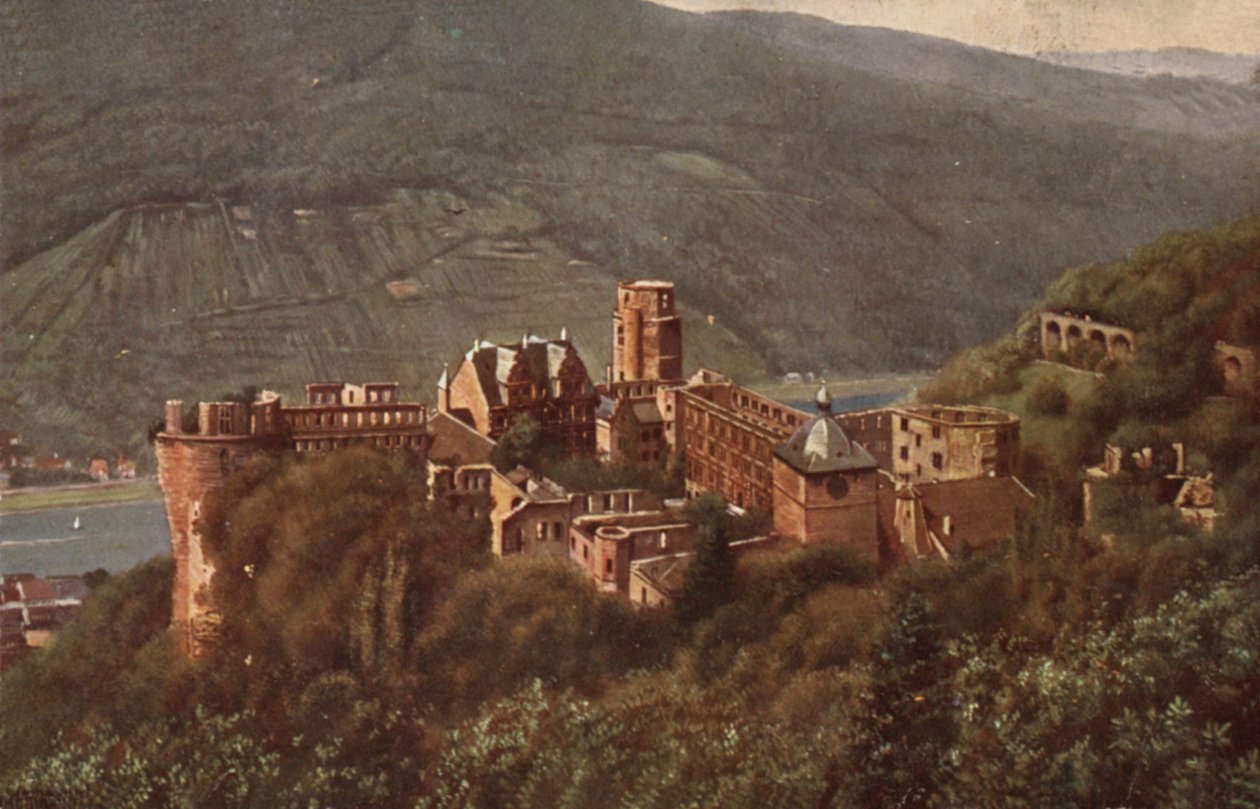 A heidelbergi vár látképe a Molkenkurból (színes litográfia) alkotó: German School