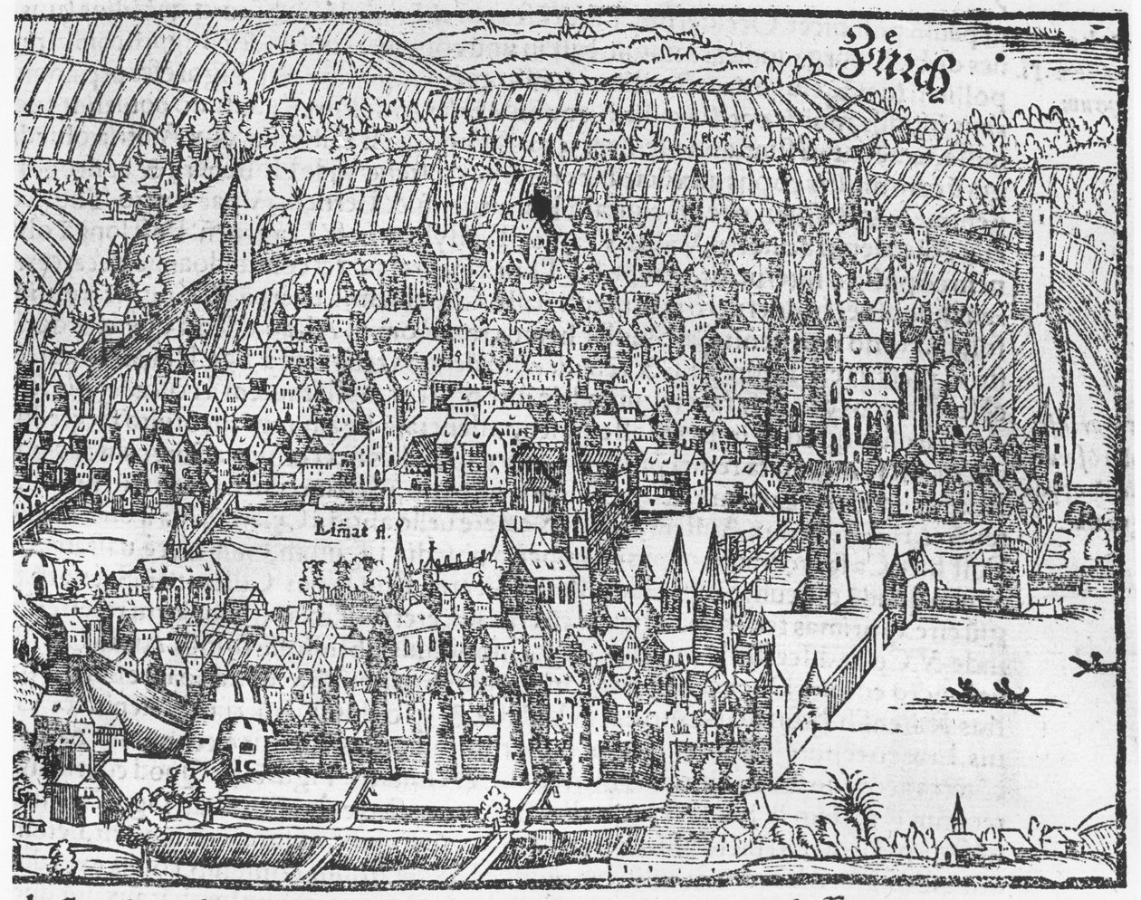 Zürich képe, a Cosmographie Universelle-ből, Sebastien Munster (1488-1552) Basel, megjelent 1559 alkotó: German School