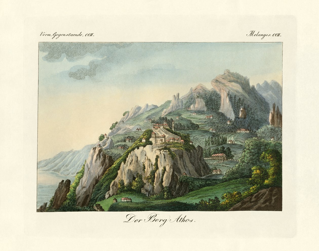 Kilátás az Athosz-hegyre (színes metszet) alkotó: German School