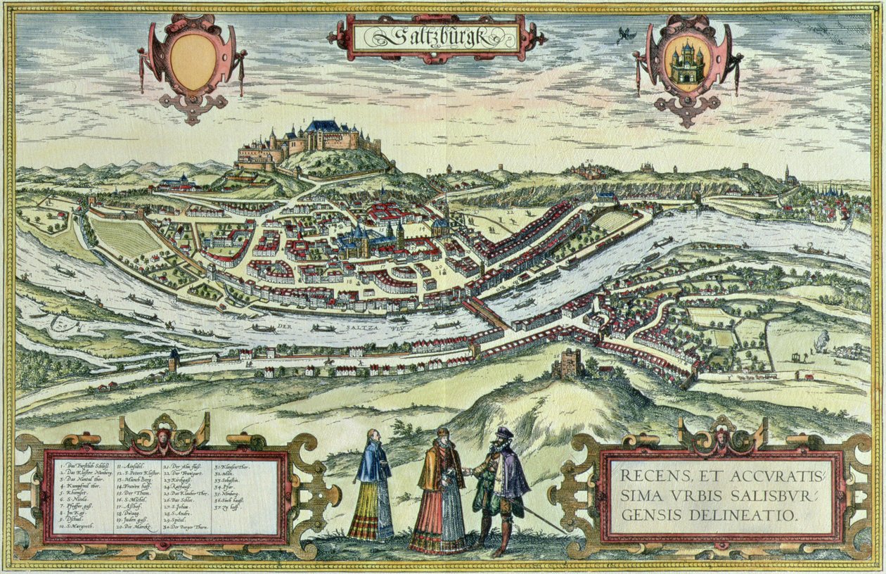 Kilátás Salzburg városára a Salzach folyó partján, a háttérben Hohensalzburg kastélyával, „Old European City Scenes” (metszet) alkotó: German School