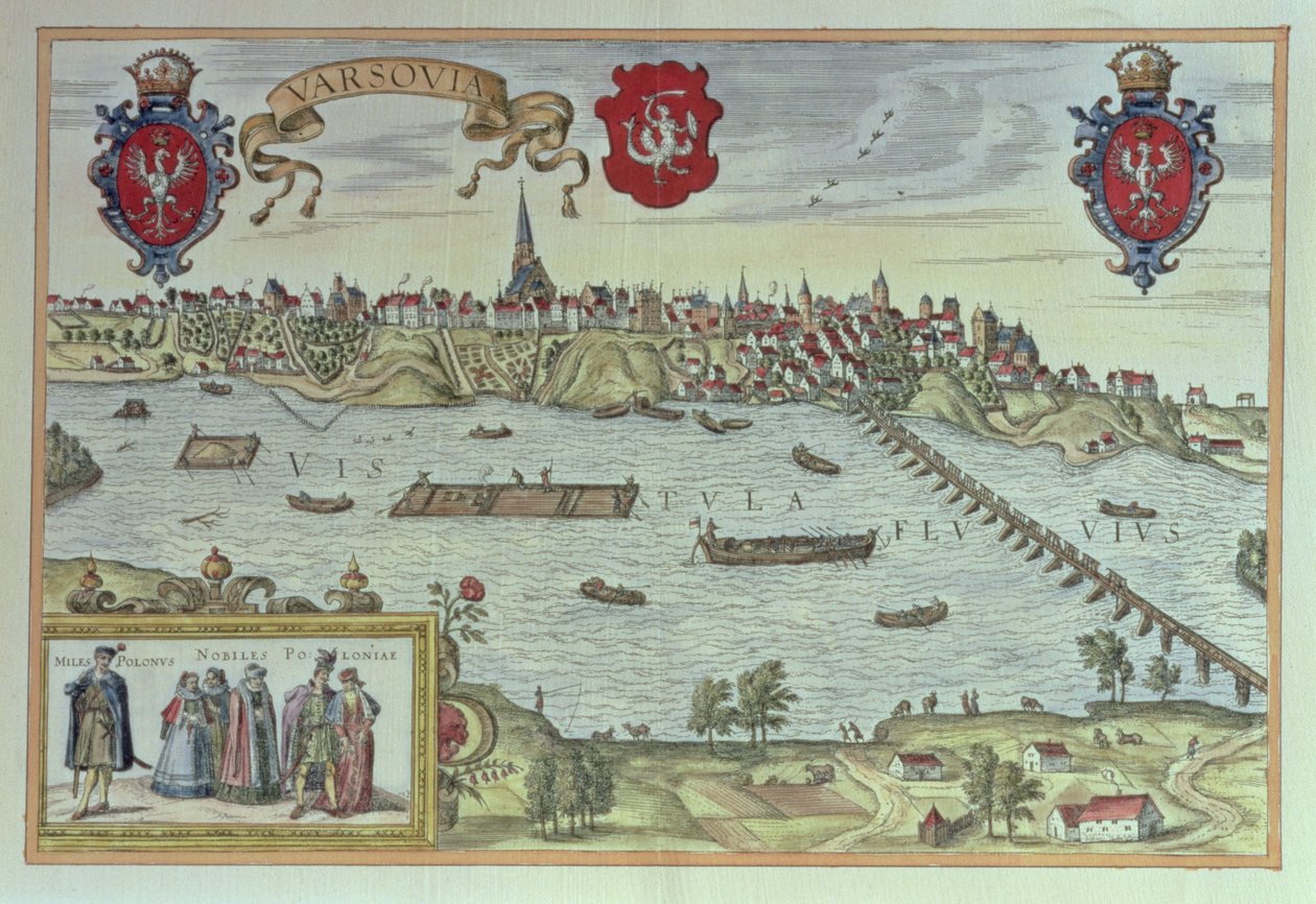 Kilátás Varsó városára a Visztula folyó mellett, a "Old European City Scenes"-ből (metszet) alkotó: German School