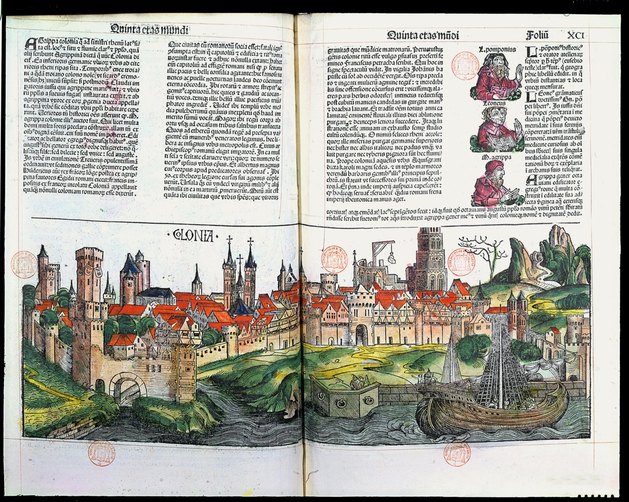 Köln városának kilátása, Hartmann Schedel Nürnbergi Krónikájából, 1493 (színes fametszet) alkotó: German School