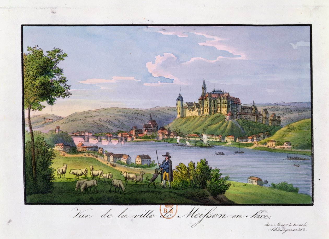 Kilátás Meissen városára, Christian Samuel Hannemann (1755-1843) születési helyére (színes metszet) alkotó: German School