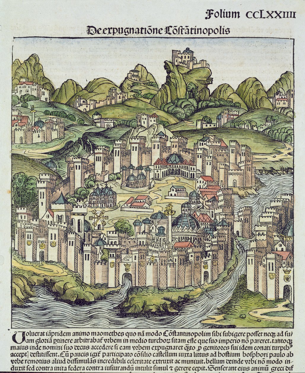 Kilátás Konstantinápoly fallal körülvett városára, Hartmann Schedel (1440-1514) nürnbergi krónikájából, 1493 (fatömb) alkotó: German School
