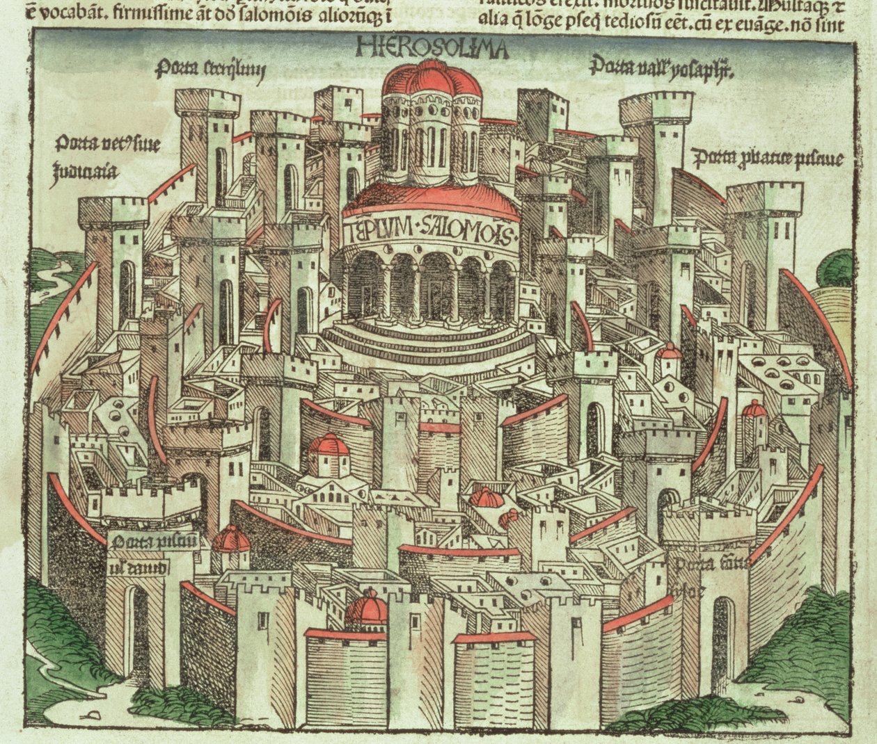 Kilátás Jeruzsálem fallal körülvett városára, Salamon templomával és a városkapukkal, Hartmann Schedel (1440-1514) Nürnbergi Krónikájából, 1493 alkotó: German School
