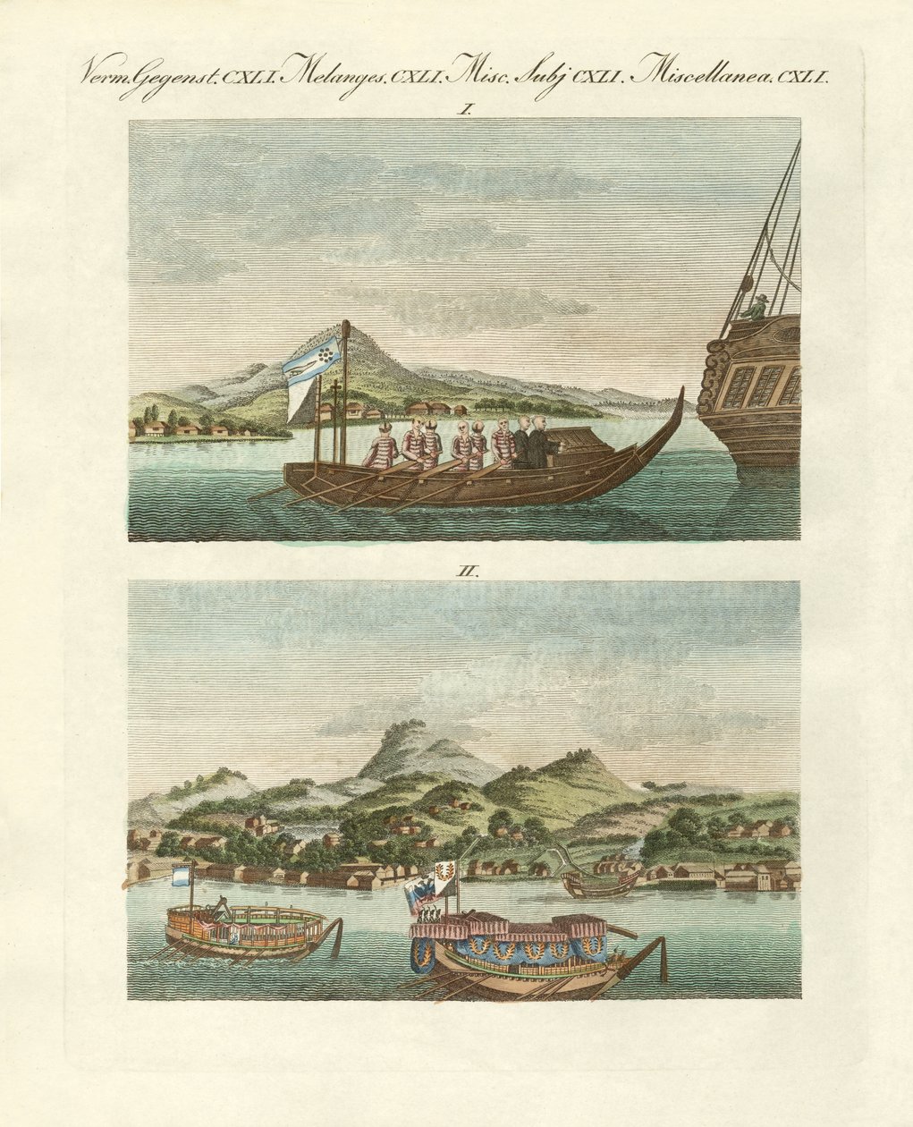 Kilátás Japán tengerpartjára japán járművek mellett (színes gravírozás) alkotó: German School