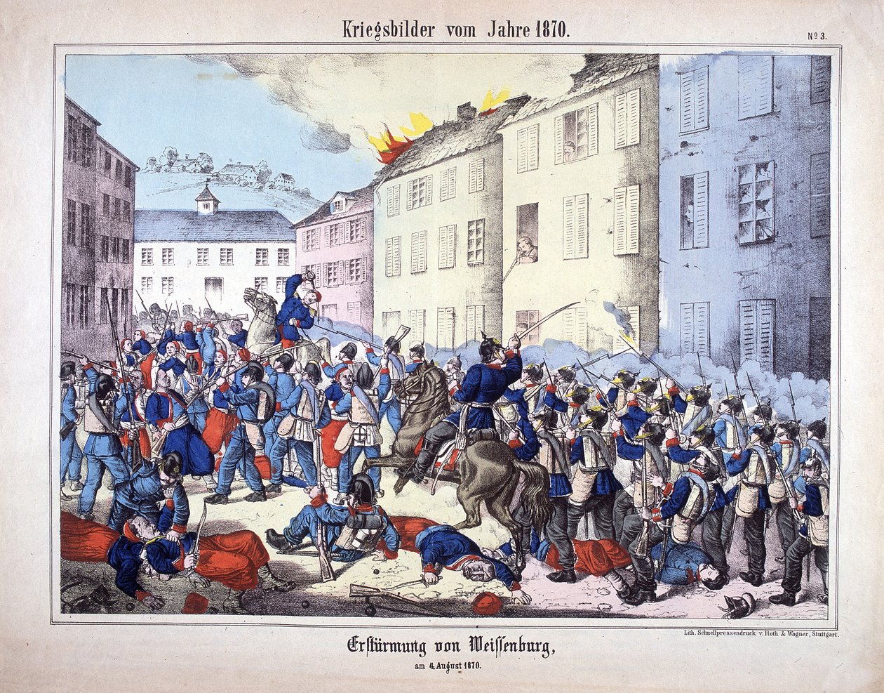 1870-es háború: Wissembourgi elfoglalása (weissenburgi csata) a porosz hadsereg katonái és a franciák között augusztus 4-én alkotó: German School