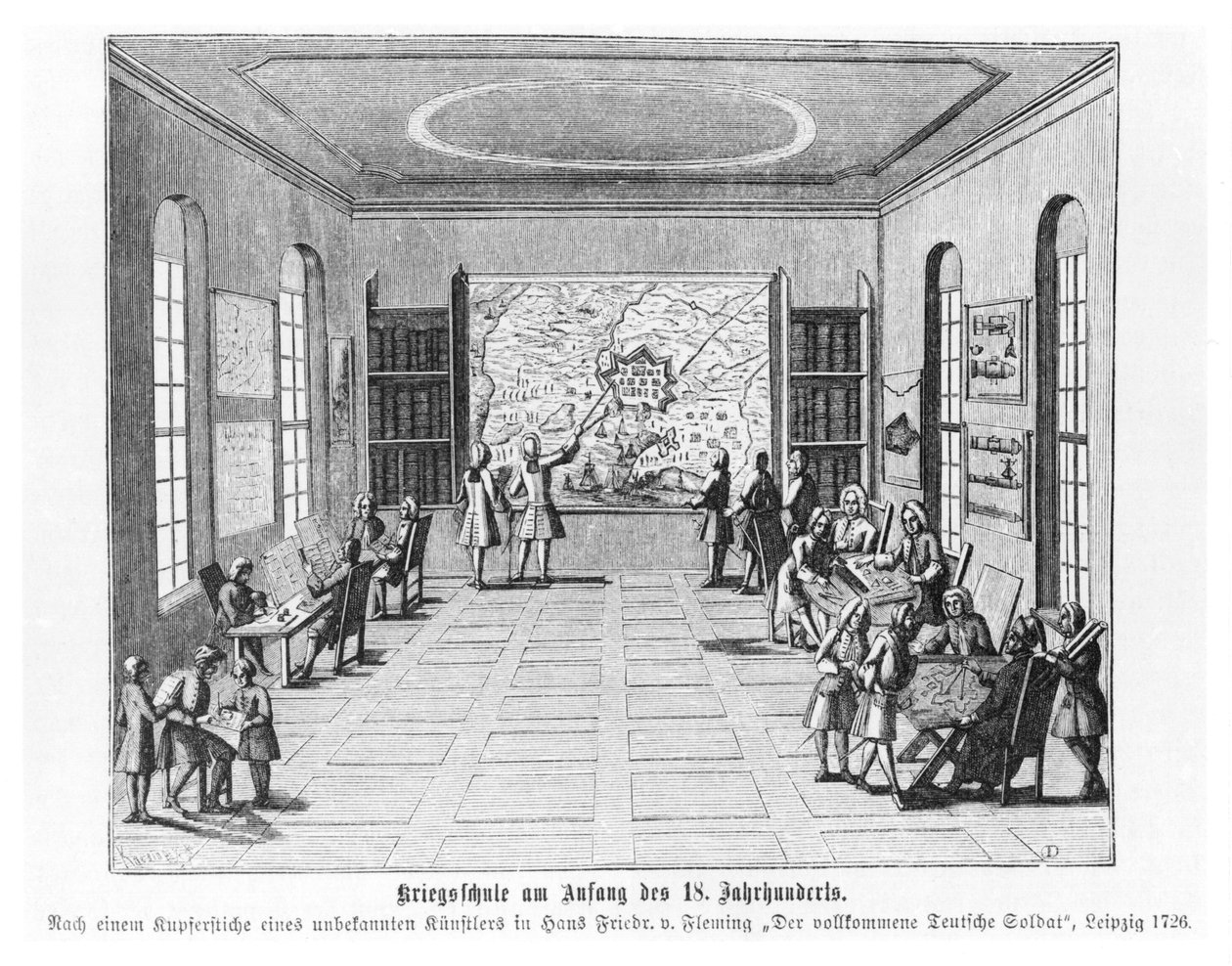 Háborús iskola, illusztráció a "Tökéletes német katona" című könyvéből, Hans Friedrich van Fleming, 1726, Lipcsében megjelent alkotó: German School