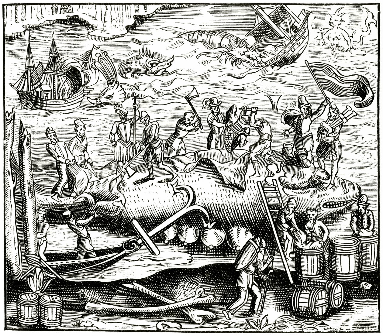 A bálnahalászat a Cosmographie Universelle of Munster című könyv fametszete után, 1552-ben alkotó: German School