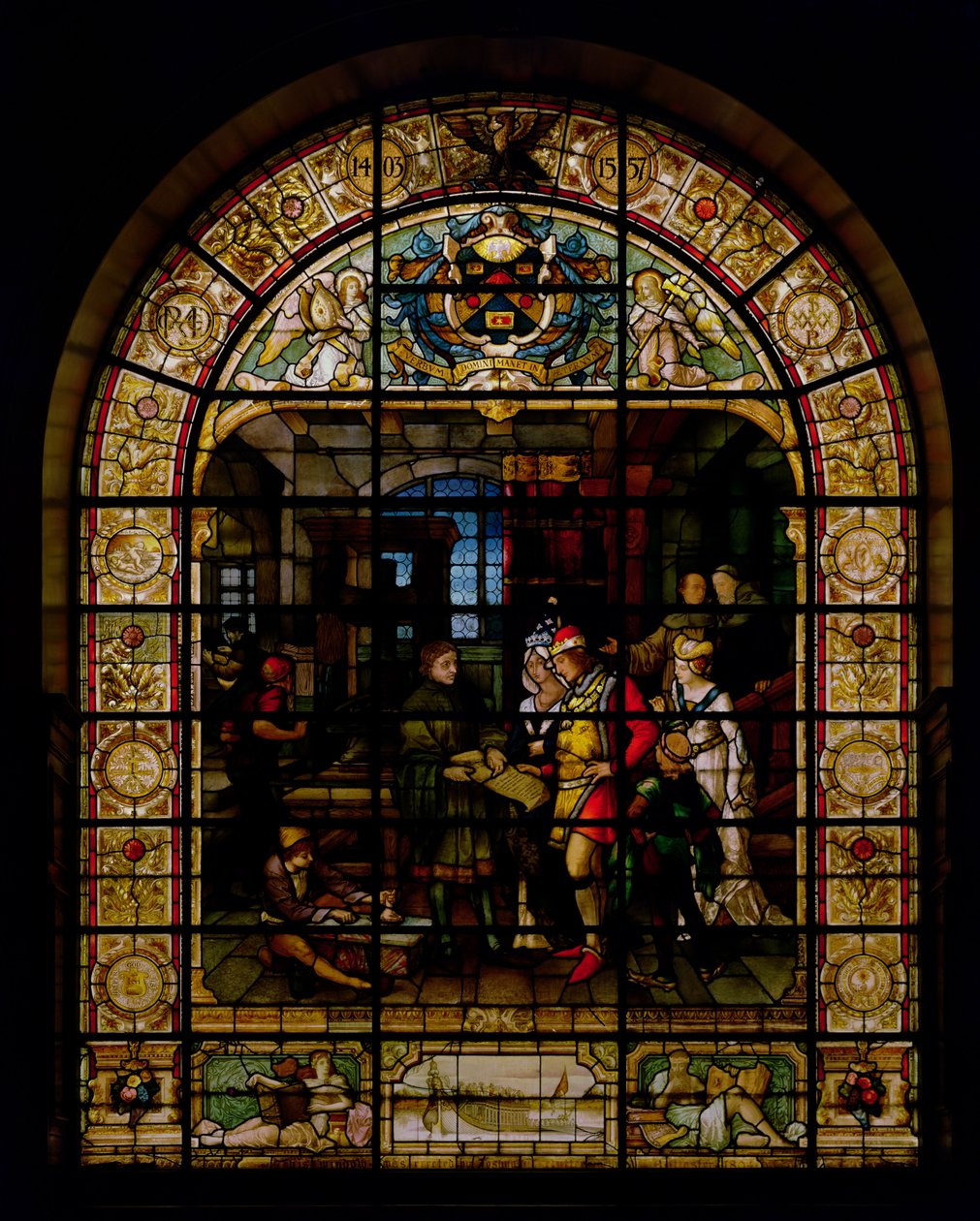 William Caxton 1477-ben mutatja meg első nyomtatott könyvét IV. Edwardnak és feleségének, Elizabeth Woodville-nek, a Mayer and Co., müncheni székhelyű, Londonban működő cég, 1880 körül (ólomüveg ablak) alkotó: German School