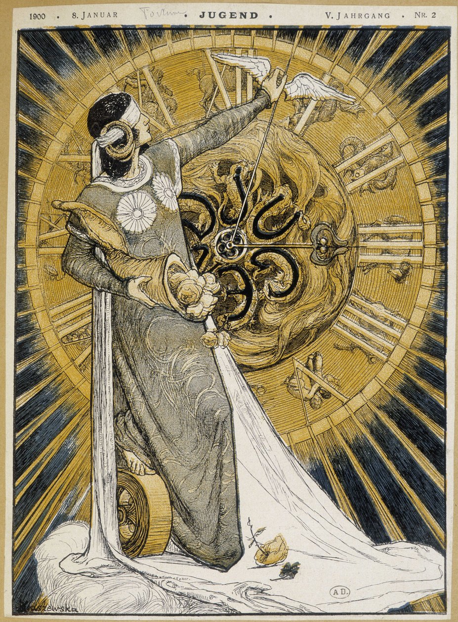Csíkos szemű nő, aki a bőségszarut tartja, és egy óra mutatóit mozgatja (Szerencse allegóriája) – az 1900.08.01. „Jugend” című filmben alkotó: German School