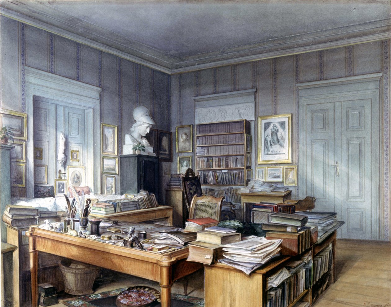 Wilhelm Grimm (1786-1859) dolgozószobája Berlinben, Linkstrasse 7. Hoffmann úr metszete. Nemzeti Múzeum, Nürnberg. 1860. alkotó: German School